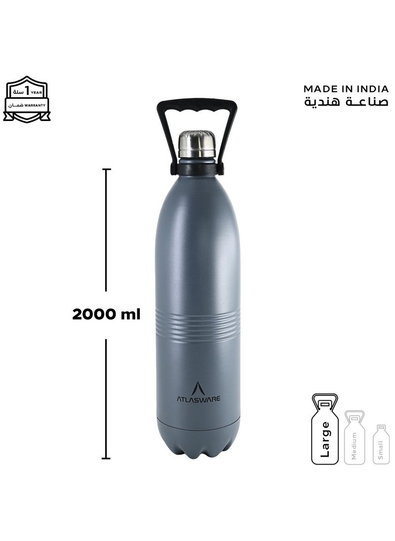 Atlasware - Water Bottle with a Capacity of 2000 ml, Stainless Steel Water Bottle that keeps Cold for 130 Hours and Keeps Heat for 52 Hours, Dark Gray - Image 1