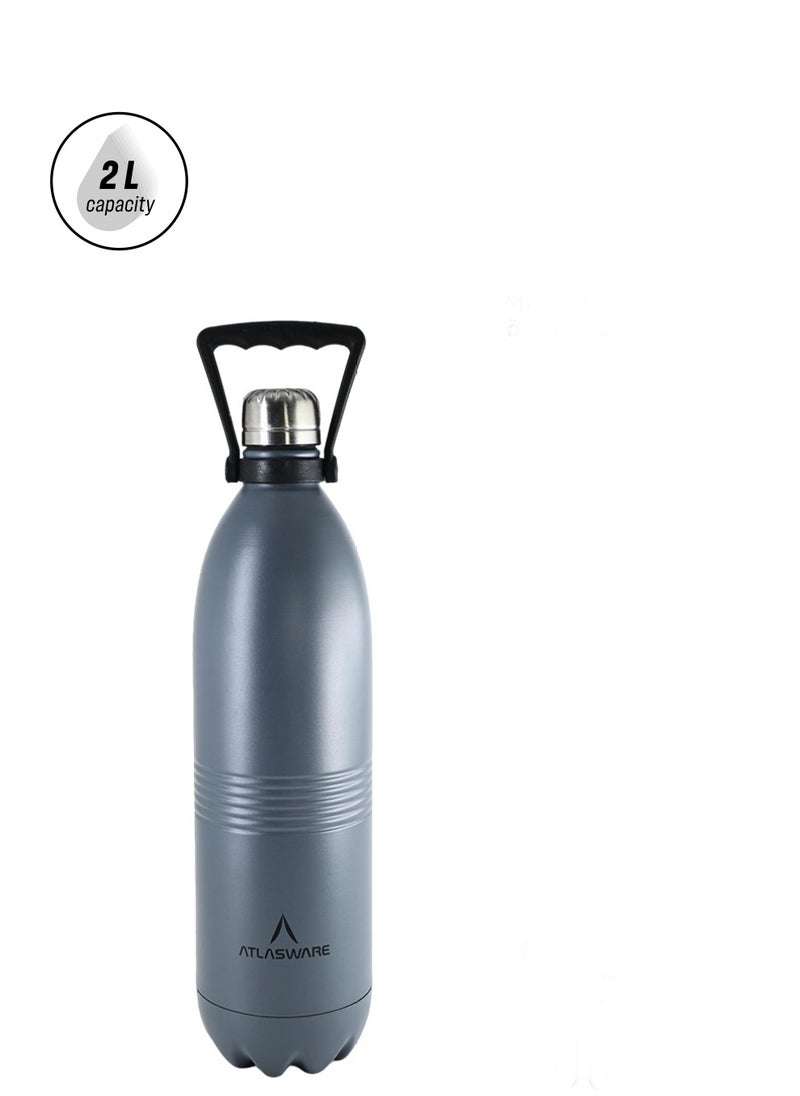 Atlasware - Water Bottle with a Capacity of 2000 ml, Stainless Steel Water Bottle that keeps Cold for 130 Hours and Keeps Heat for 52 Hours, Dark Gray - Image 1