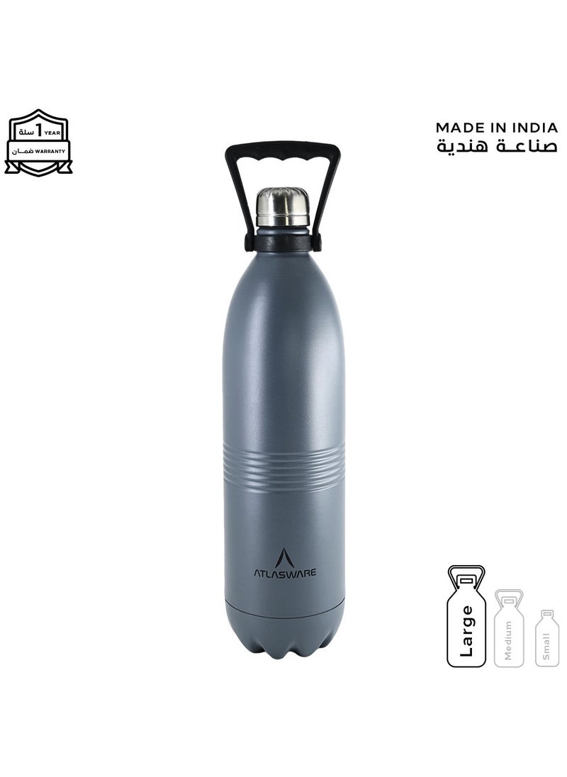 Atlasware - Water Bottle with a Capacity of 2000 ml, Stainless Steel Water Bottle that keeps Cold for 130 Hours and Keeps Heat for 52 Hours, Dark Gray - Image 1