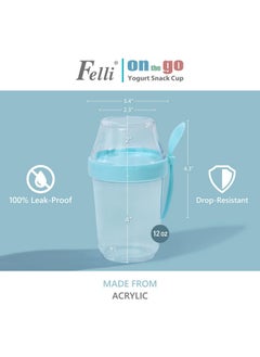 Felli Felli On the Go Yogurt Parfait Snack Cup 12 oz Reusable Leak Proof + Travel Spoon, Topping Holder for Fruit Cereal Milk, To Go Lunch Healthy Portion Control Overnight Oats Container Clear (2, Blue)  - Image 3