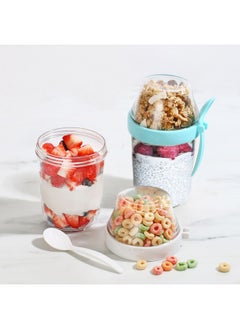 Felli Felli On the Go Yogurt Parfait Snack Cup 12 oz Reusable Leak Proof + Travel Spoon, Topping Holder for Fruit Cereal Milk, To Go Lunch Healthy Portion Control Overnight Oats Container Clear (2, Blue)  - Image 2
