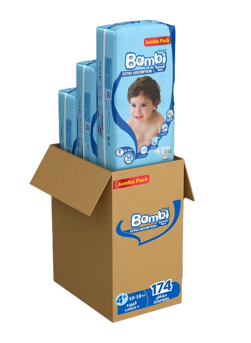 Sanita Bambi Baby Diapers Size 4+ 10-18 kg Large+ Jumbo Pack - 174 Count