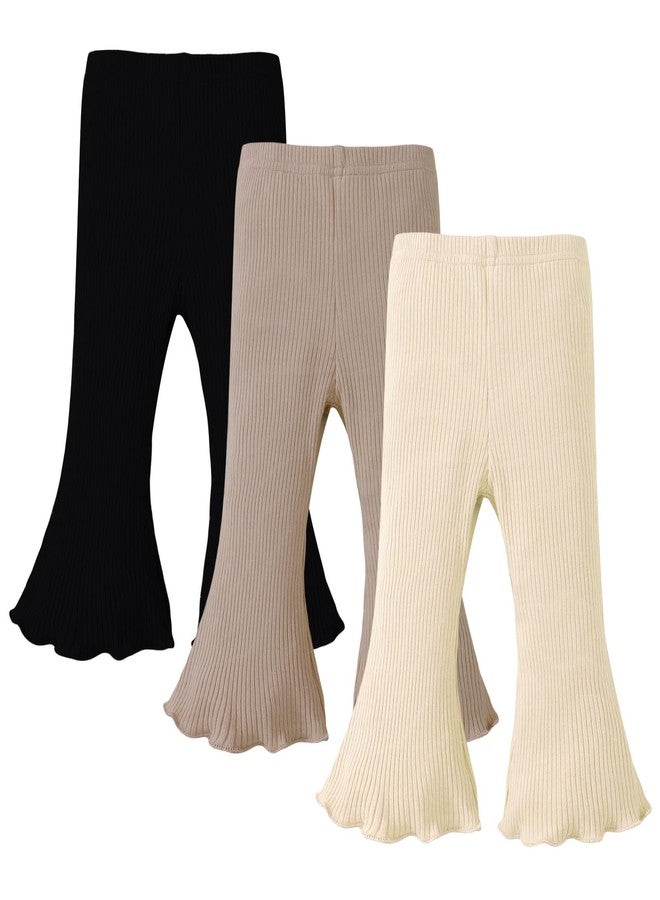 SOBOWO Toddler Girl Pants Baby Girl Flare Pants 3 Pack Solid Ribbed Ruffle Bell Bottoms Leggings Fall Outfits(Black/Beige/Brown, 12-18 Months) - Image 1