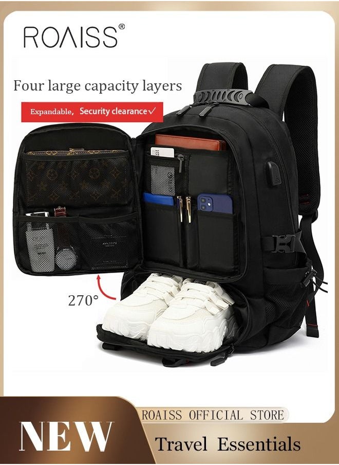 roaiss - Unisex Independent Shoes Compartment Hiking Backpack 50L Large Capacity Expandable Luggage Bag with USB Port Wet and Dry Separation Shoe Compartmen for Sports Travel Outdoor Business Trip Work Black - Image 1