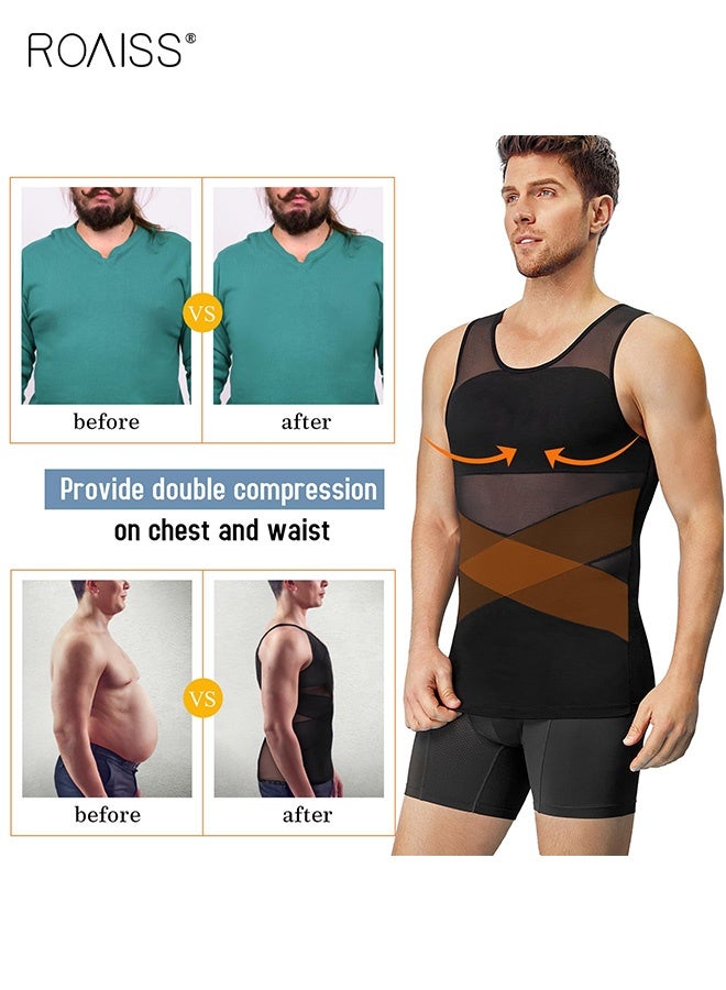 roaiss 2 PCS Compression Shirt for Men Slimming Undershirt Body Shaper Tank Top for Gynomastica Men's Sleeveless Shapewear Vest Body Shaping Vest Tummy Control Breast Binder Underwear Breathable Mesh Tight Vest Black White  - Image 2