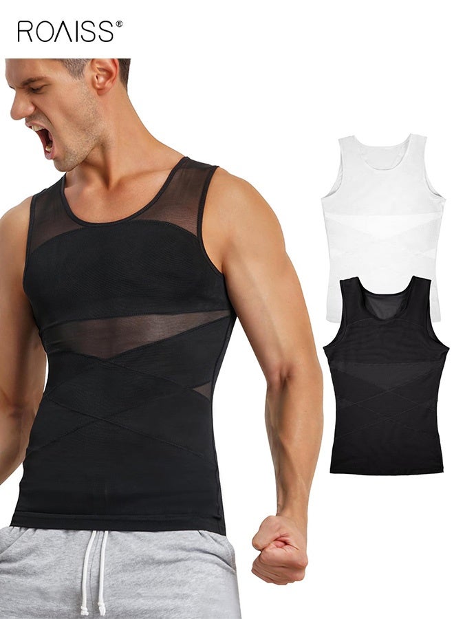 roaiss 2 PCS Compression Shirt for Men Slimming Undershirt Body Shaper Tank Top for Gynomastica Men's Sleeveless Shapewear Vest Body Shaping Vest Tummy Control Breast Binder Underwear Breathable Mesh Tight Vest Black White  - Image 1