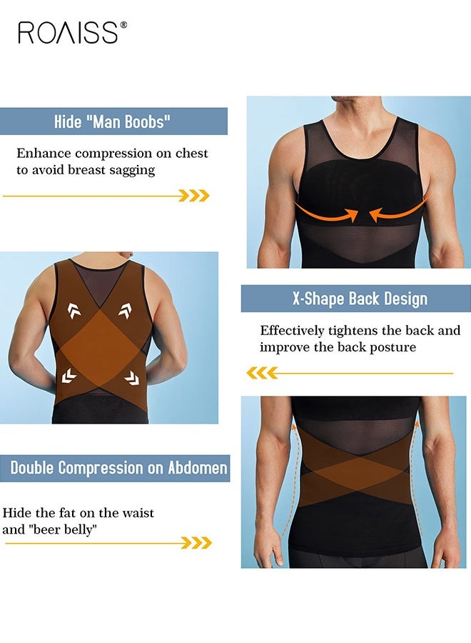 roaiss 2 PCS Compression Shirt for Men Slimming Undershirt Body Shaper Tank Top for Gynomastica Men's Sleeveless Shapewear Vest Body Shaping Vest Tummy Control Breast Binder Underwear Breathable Mesh Tight Vest Black White  - Image 5