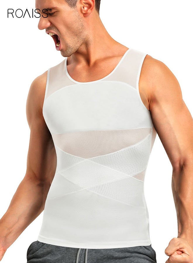 roaiss 2 PCS Compression Shirt for Men Slimming Undershirt Body Shaper Tank Top for Gynomastica Men's Sleeveless Shapewear Vest Body Shaping Vest Tummy Control Breast Binder Underwear Breathable Mesh Tight Vest Black White  - Image 3