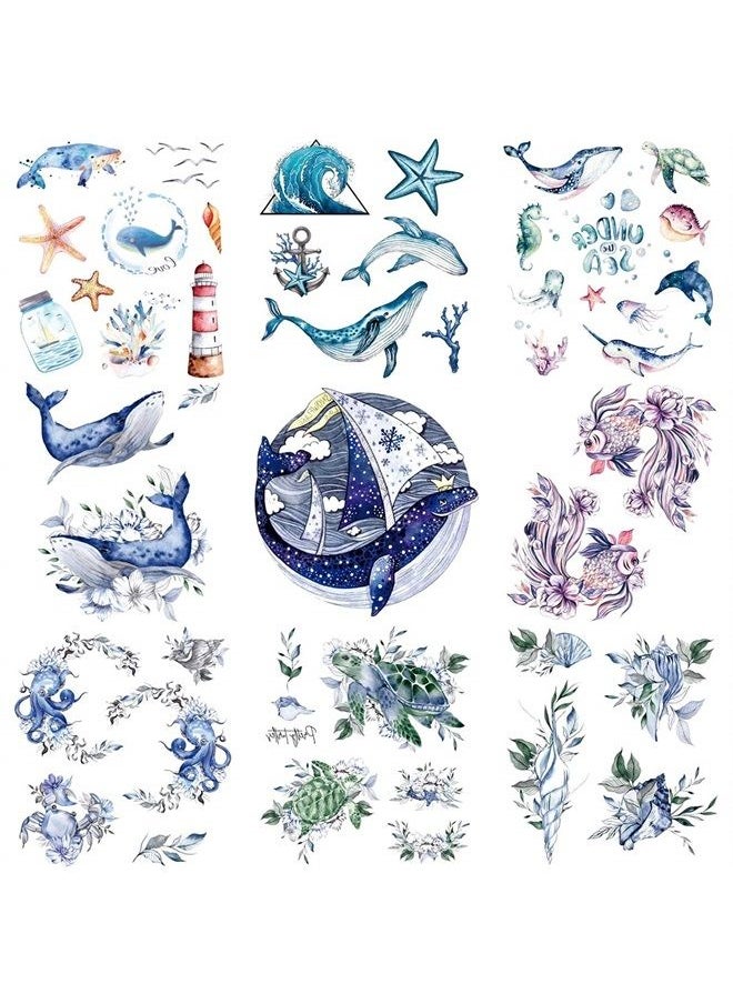 Oottati 9 Sheets Temporary Tattoo Blue Purple Sea Turtle Goldfish Dolphin Whale Shell Octopus Starfish Suit for Arm Neck  - Image 1