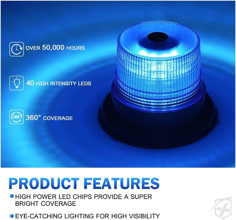 Xprite Blue LED Rooftop Beacon Strobe Light w/Magnetic Base Warning Safety Police Flashing Lights for Law Enforcement Vehicles Forklift Trucks Golf Carts UTV ATV Snowplows Firefighters Volunteer EMS - Image 2
