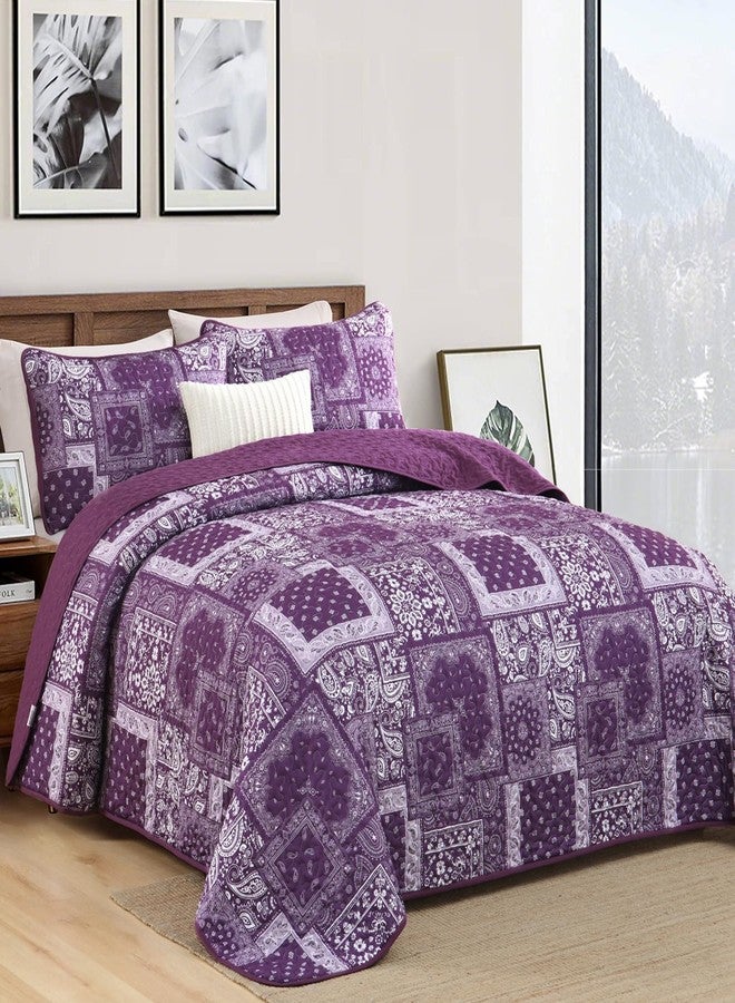 Cottolester Purple Quilt Set Queen Size,3 Pieces Boho Patchwork Paisley Quilt Set,Soft Microfiber Farmhouse Bedspread Bedding Set for All Season 96"x90" - Image 2