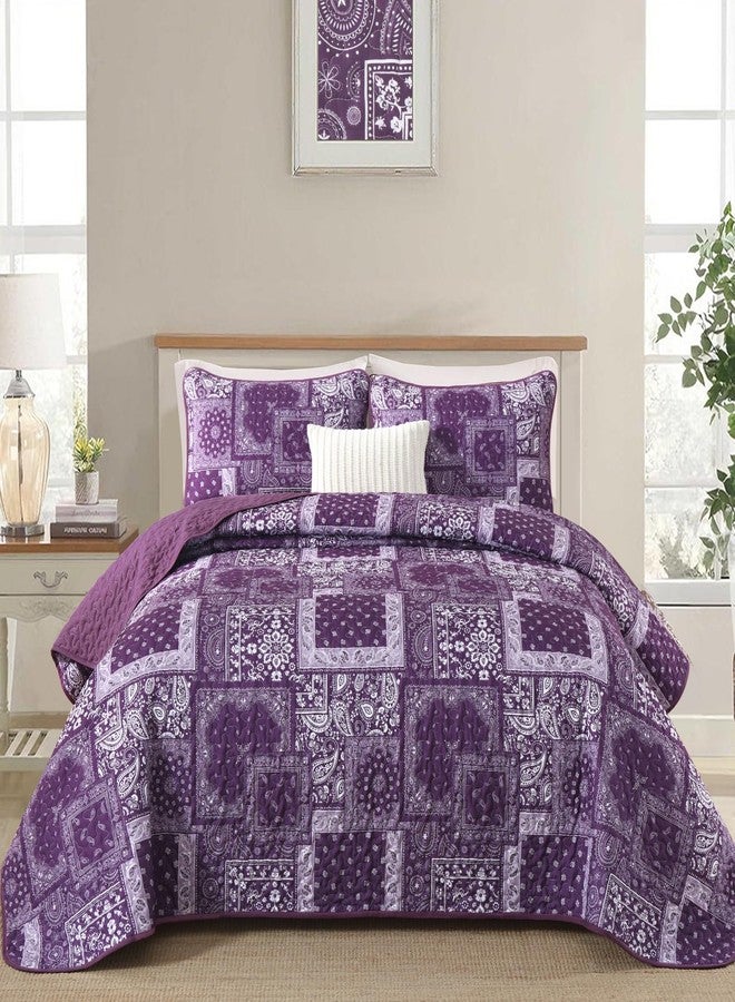 Cottolester Purple Quilt Set Queen Size,3 Pieces Boho Patchwork Paisley Quilt Set,Soft Microfiber Farmhouse Bedspread Bedding Set for All Season 96"x90" - Image 1