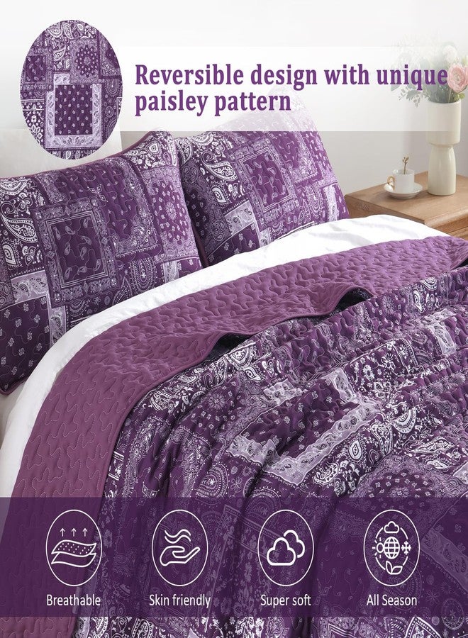 Cottolester Purple Quilt Set Queen Size,3 Pieces Boho Patchwork Paisley Quilt Set,Soft Microfiber Farmhouse Bedspread Bedding Set for All Season 96"x90" - Image 3