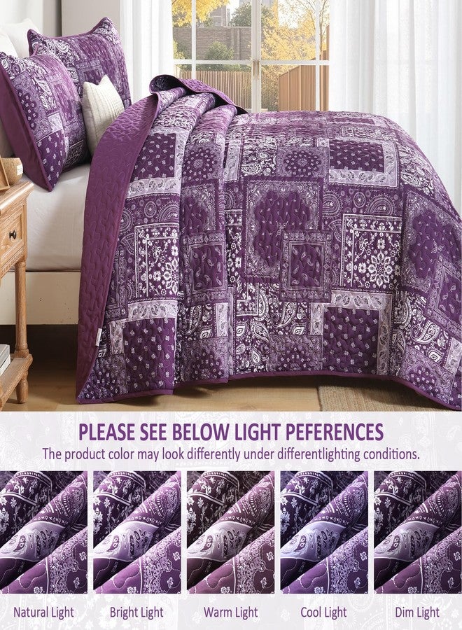 Cottolester Purple Quilt Set Queen Size,3 Pieces Boho Patchwork Paisley Quilt Set,Soft Microfiber Farmhouse Bedspread Bedding Set for All Season 96"x90" - Image 5