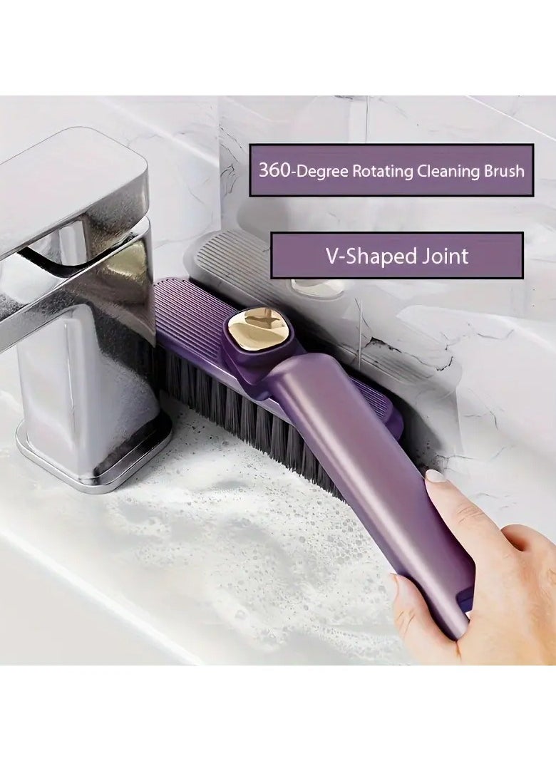 2-in-1 Rotating Cleaning Brush - Durable Purple Plastic, 360° Hard Bristle, V-Shaped Connector for Bathroom Tile & Wall Gap Cleaning