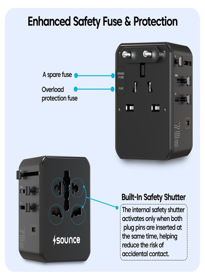 ساونس محول السفر العالمي Sounce OmniCharge بقوة 75 واط مزود بمنفذي USB-C PD ومنفذ USB-A واحد، وقابس عالمي (الولايات المتحدة/المملكة المتحدة/الاتحاد الأوروبي/أستراليا)، وشحن سريع لأجهزة الكمبيوتر المحمولة وأجهزة MacBook، ومزود بفيوز أمان، وتصميم صغير الحجم (أسود). - Image 5