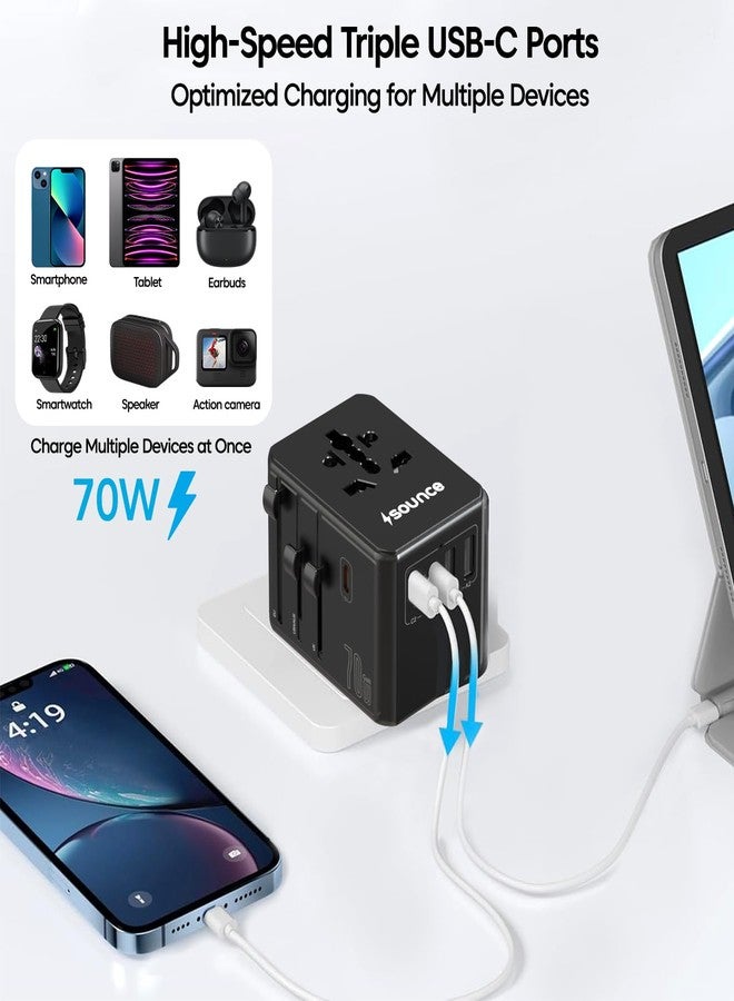 ساونس محول السفر العالمي Sounce OmniCharge بقوة 75 واط مزود بمنفذي USB-C PD ومنفذ USB-A واحد، وقابس عالمي (الولايات المتحدة/المملكة المتحدة/الاتحاد الأوروبي/أستراليا)، وشحن سريع لأجهزة الكمبيوتر المحمولة وأجهزة MacBook، ومزود بفيوز أمان، وتصميم صغير الحجم (أسود). - Image 3