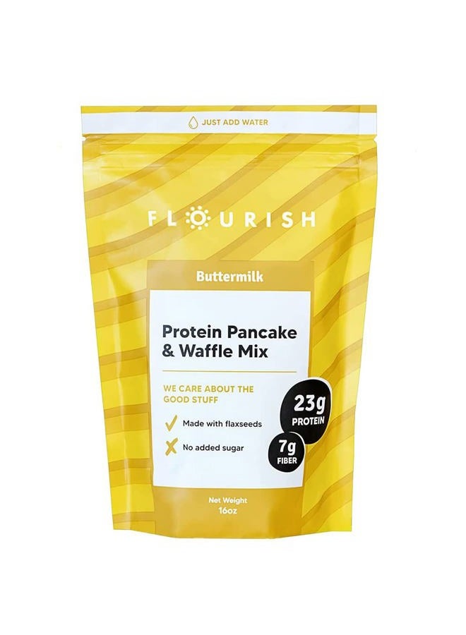 FLOURISH Protein Pancake & Waffle Mix, Whey Protein Isolate & Flax Seed, Non-GMO, No Added Sugar, Superfood, High Protein & Fiber, Just Add Water - Buttermilk, 16oz - Image 1