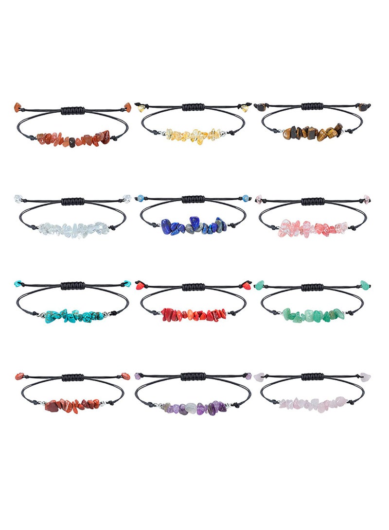 KASTWAVE 12 Pieces Crystal Chip Bracelets Set, Natural Gemstone Bracelets, Irregular Chips Beads Bracelet for Women Girls Handmade String Relief Reiki Yoga Bracelet Anxiety Healing Stones Bracelets - Image 1