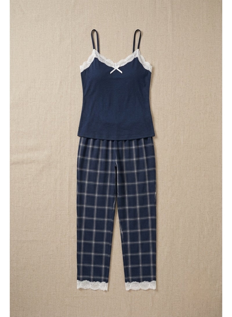 Women's Two-Piece Pajama Set - Dark Blue Ribbed Cotton Sleeveless Top & Plaid Pants with Lace Trim - Image 2