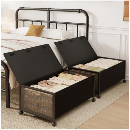 Fokyfok 2 Pack Under the Bed Storage Containers,12 inch Height Under Bed Shoe Storage,31inch Long Underbed Storage with Wheels,Large Rolling under bed Clothes Storage Drawers with Lid for Dorm Tall,Black - Image 1