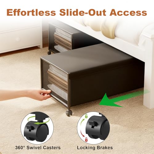 Fokyfok 2 Pack Under the Bed Storage Containers,12 inch Height Under Bed Shoe Storage,31inch Long Underbed Storage with Wheels,Large Rolling under bed Clothes Storage Drawers with Lid for Dorm Tall,Black - Image 4