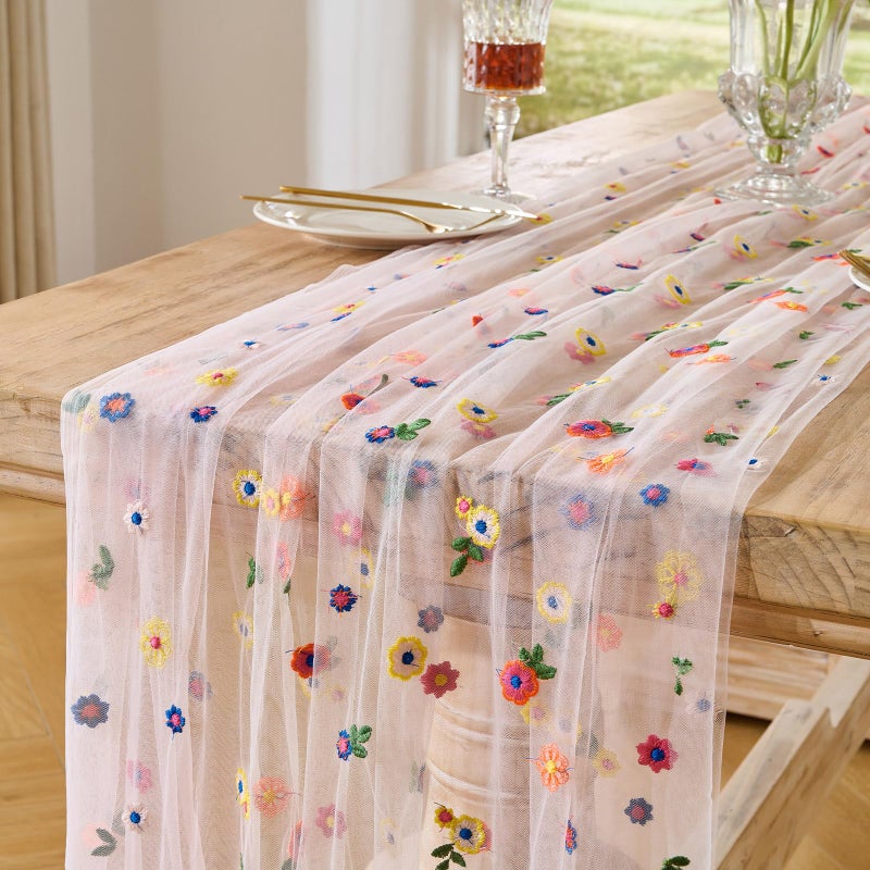 BINBE 1pcs Pink Daisy Fall Table Runner Embroidery Gauze 10FT Florals Seasonal Tulle Holiday Birthday Kitchen Dining Table Decor for Home Party - Image 1