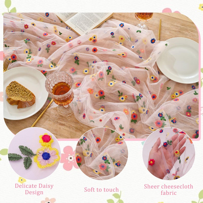 BINBE 1pcs Pink Daisy Fall Table Runner Embroidery Gauze 10FT Florals Seasonal Tulle Holiday Birthday Kitchen Dining Table Decor for Home Party - Image 3