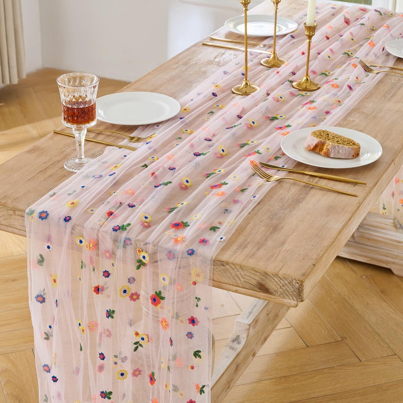 BINBE 1pcs Pink Daisy Fall Table Runner Embroidery Gauze 10FT Florals Seasonal Tulle Holiday Birthday Kitchen Dining Table Decor for Home Party - Image 2