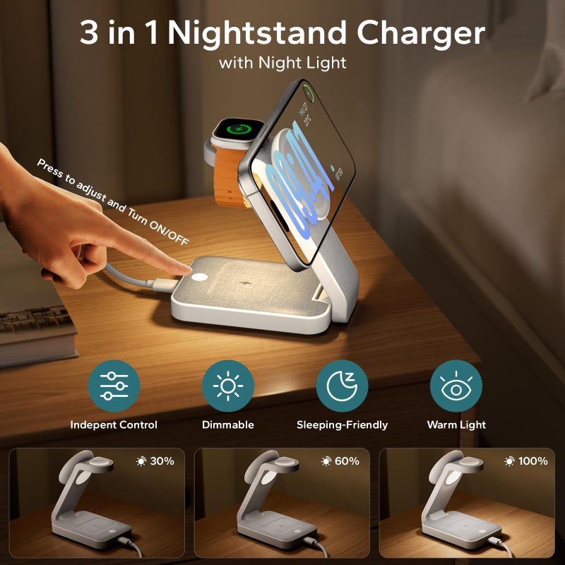 Eazpower 3 in 1 Foldable Wireless Travel Charging Station for MagSafe, Nightstand Magnetic Charger Stand for iPhone 17 16 15 14 Pro Max, Charging Dock with Night Light for Apple Watch/AirPods (White) - Image 2