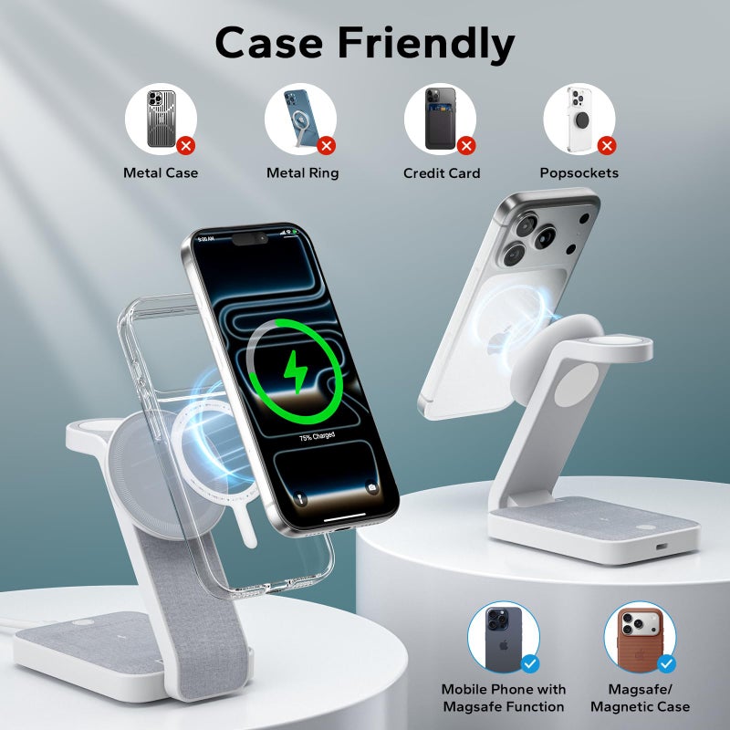 Eazpower 3 in 1 Foldable Wireless Travel Charging Station for MagSafe, Nightstand Magnetic Charger Stand for iPhone 17 16 15 14 Pro Max, Charging Dock with Night Light for Apple Watch/AirPods (White) - Image 4