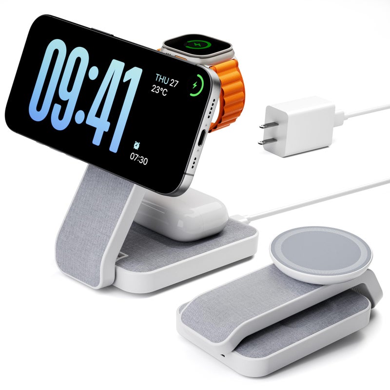 Eazpower 3 in 1 Foldable Wireless Travel Charging Station for MagSafe, Nightstand Magnetic Charger Stand for iPhone 17 16 15 14 Pro Max, Charging Dock with Night Light for Apple Watch/AirPods (White) - Image 1