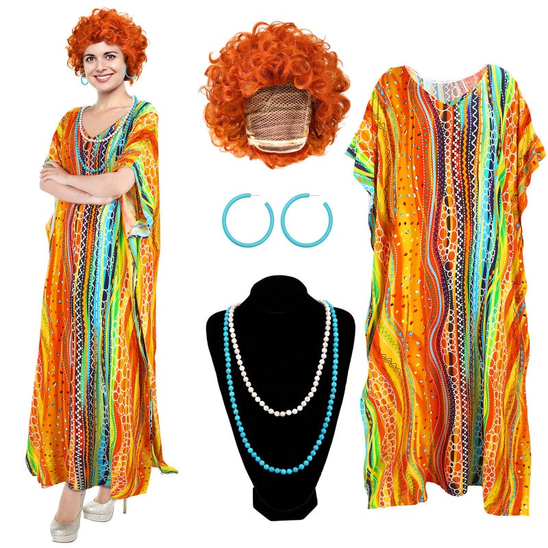 Croloose 5 Pcs Halloween Women Landlady Costume Set with Print Caftan Dress Curly Wig Bead Necklace Earring for Cosplay Party(Orange Style) - Image 1