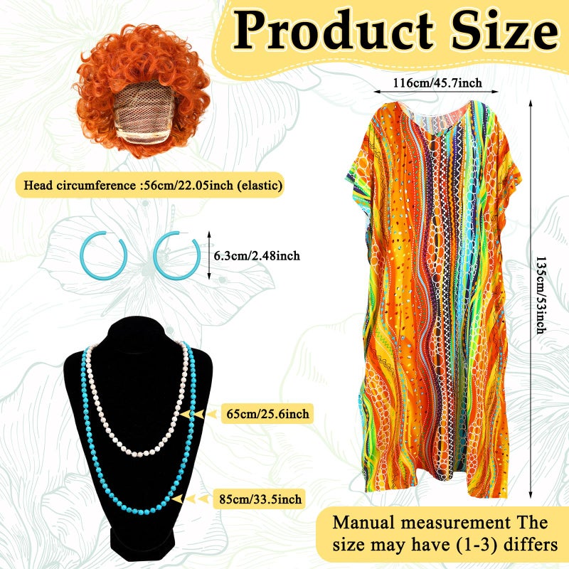 Croloose 5 Pcs Halloween Women Landlady Costume Set with Print Caftan Dress Curly Wig Bead Necklace Earring for Cosplay Party(Orange Style) - Image 2