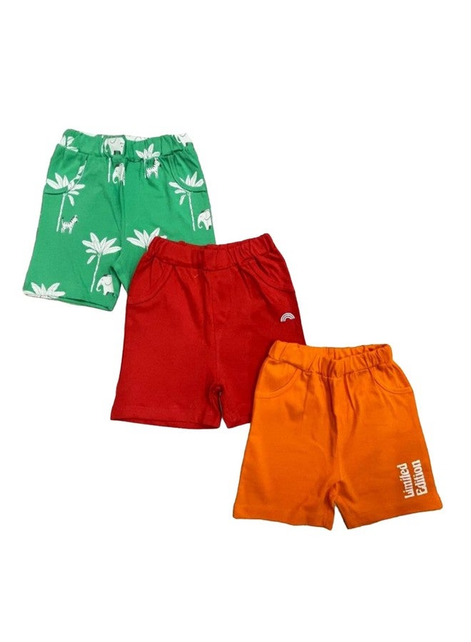 TINY TREASURES Kids Pack of 3 Printed Red Orange & Green Half Shorts Sets|100% Cotton Soft Boys Shorts Set|Comfortable & Everyday Casual Wear for Boys(Size : Age 9-12 Month) - Image 1