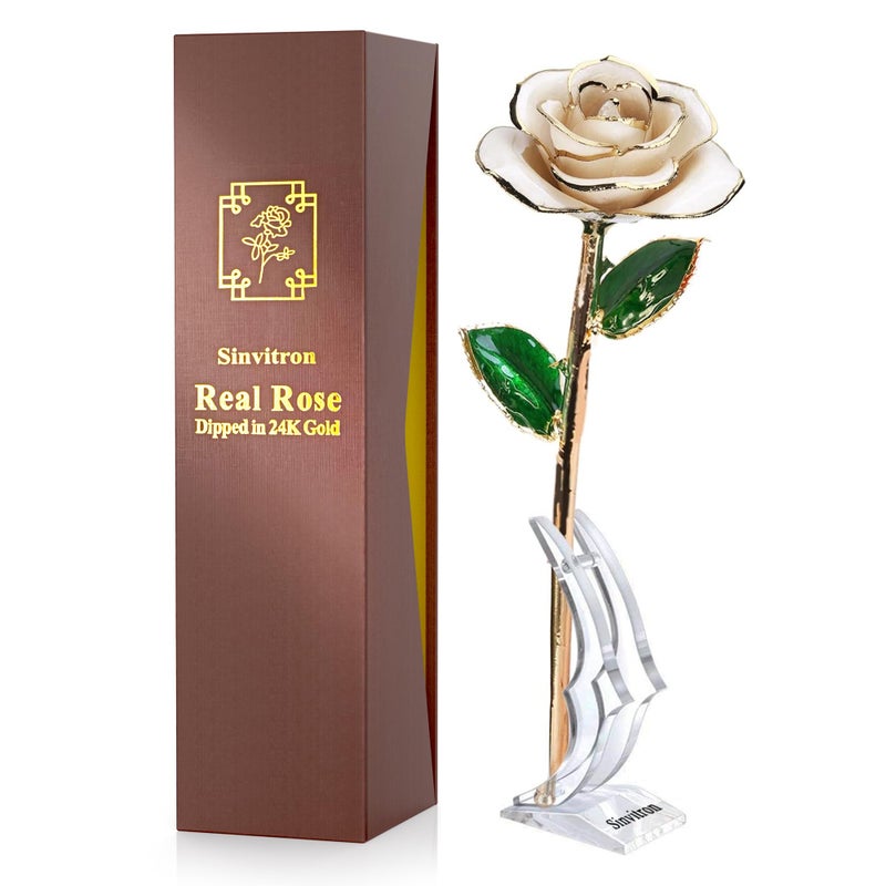 Sinvitron Gold Dipped Rose 24K Real Rose  Long Stem Gold Plated Rose with Stand Birthday Gifts for Her Gifts for Mom Golden Rose for Anniversary Valentines Day Mothers Day (Ivory White) - Image 1