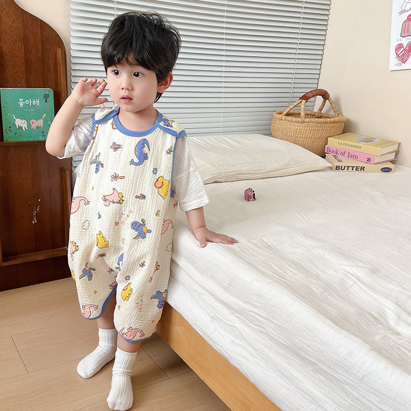 Baby Vest Sleeping Bag Summer Thin Gauze Pure Cotton Baby Kick-proof Sleeveless Childrens Pajamas Air-conditioned Room Anti-cold Blue dinosaur (a seersucker) first four and last two