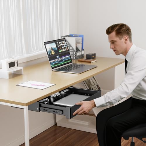 PUTORSEN Under Desk Storage Drawer 15.7" Wide - Smooth Slide Out Organizer for Standing Desk & Home Office,Max Load 17.6 lbs,Quiet Glide, Black - Image 2