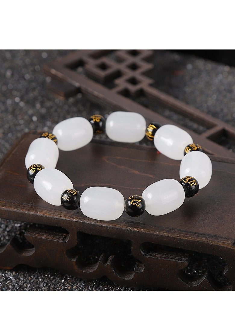White Jade Bracelet with Six-Character Mantra | 12mm/16mm Oval Beads and 8mm Black Mantra Beads | Buddhist Prayer Beads | Elegant Spiritual Jewelry for Men and Women - Image 1