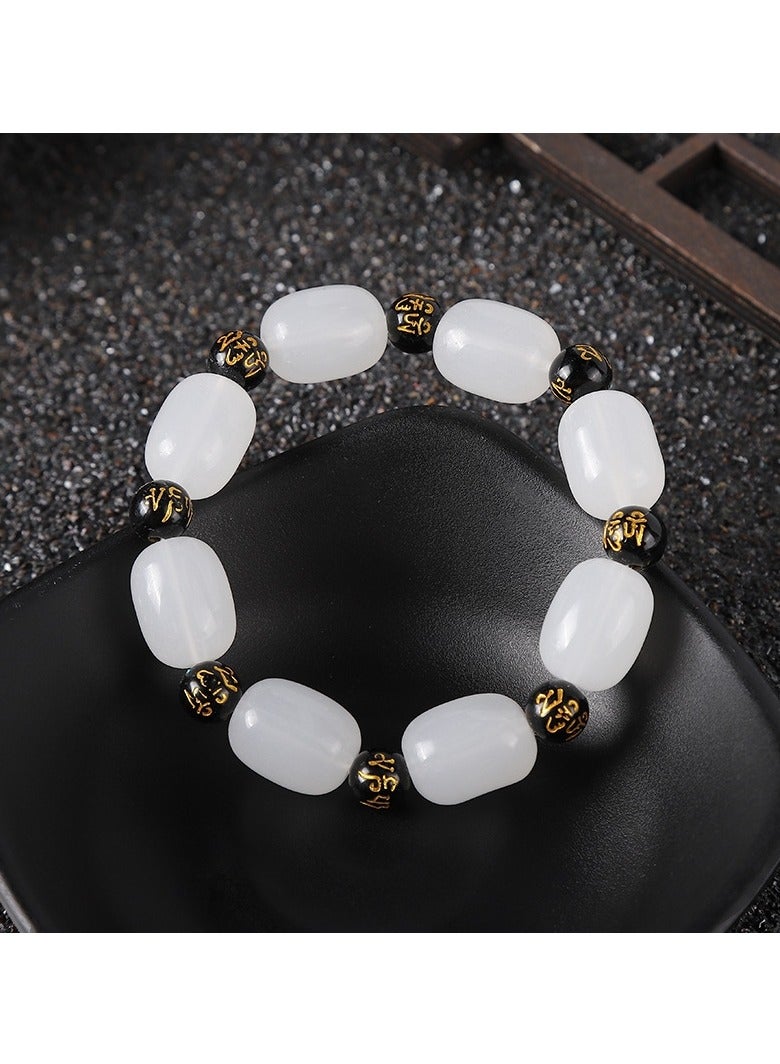 White Jade Bracelet with Six-Character Mantra | 12mm/16mm Oval Beads and 8mm Black Mantra Beads | Buddhist Prayer Beads | Elegant Spiritual Jewelry for Men and Women - Image 2