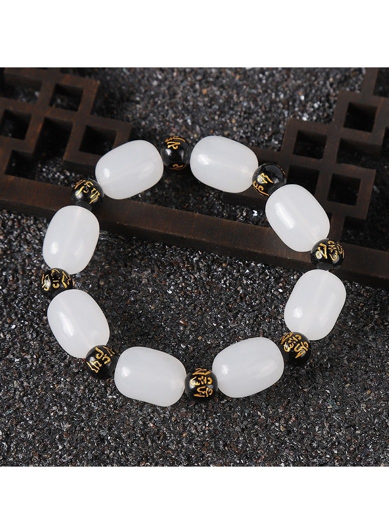 White Jade Bracelet with Six-Character Mantra | 12mm/16mm Oval Beads and 8mm Black Mantra Beads | Buddhist Prayer Beads | Elegant Spiritual Jewelry for Men and Women - Image 3