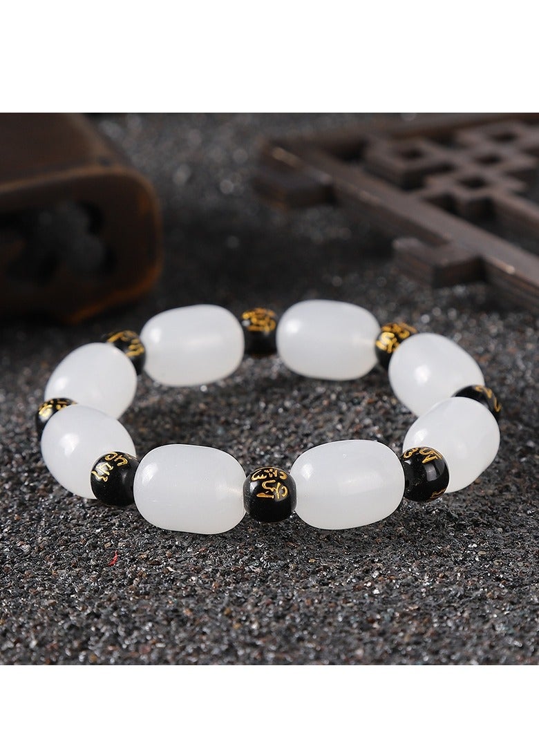 White Jade Bracelet with Six-Character Mantra | 12mm/16mm Oval Beads and 8mm Black Mantra Beads | Buddhist Prayer Beads | Elegant Spiritual Jewelry for Men and Women - Image 4