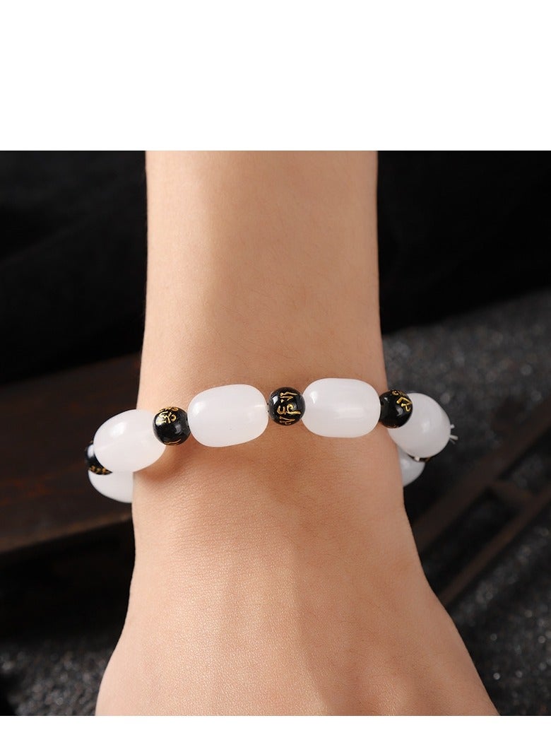 White Jade Bracelet with Six-Character Mantra | 12mm/16mm Oval Beads and 8mm Black Mantra Beads | Buddhist Prayer Beads | Elegant Spiritual Jewelry for Men and Women - Image 5
