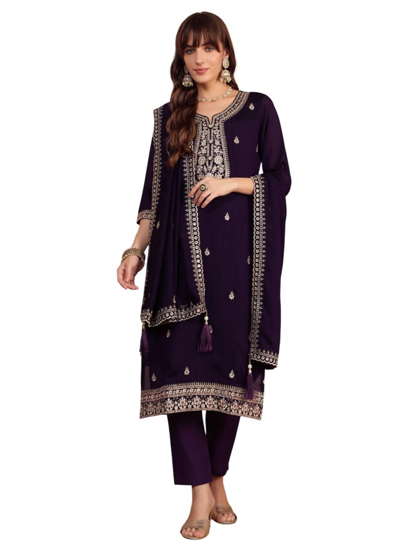 SHOPPING QUEEN Women's Vichitra Silk Embroidered Kurta Set with Dupatta (A662_Dark Purple_M) - Image 1