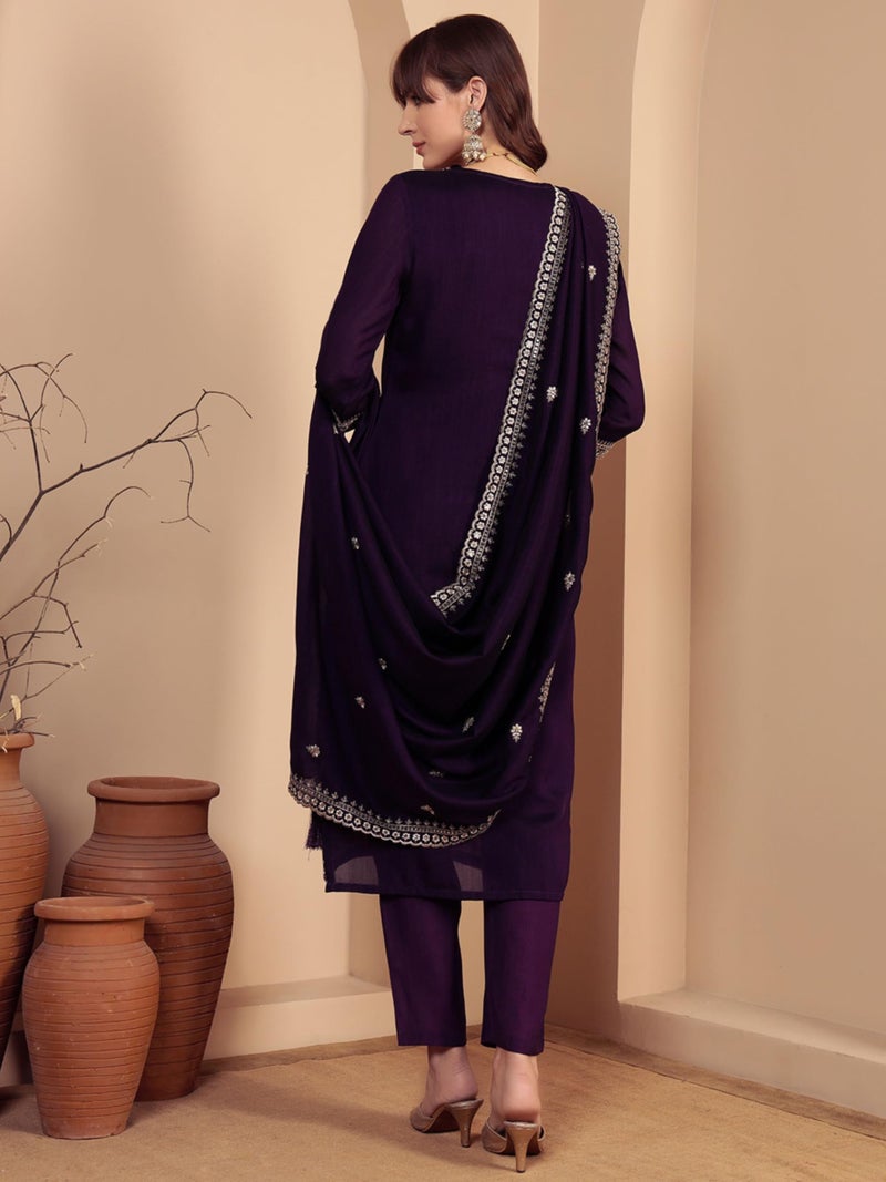 SHOPPING QUEEN Women's Vichitra Silk Embroidered Kurta Set with Dupatta (A662_Dark Purple_M) - Image 2