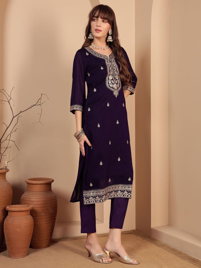 SHOPPING QUEEN Women's Vichitra Silk Embroidered Kurta Set with Dupatta (A662_Dark Purple_M) - Image 3