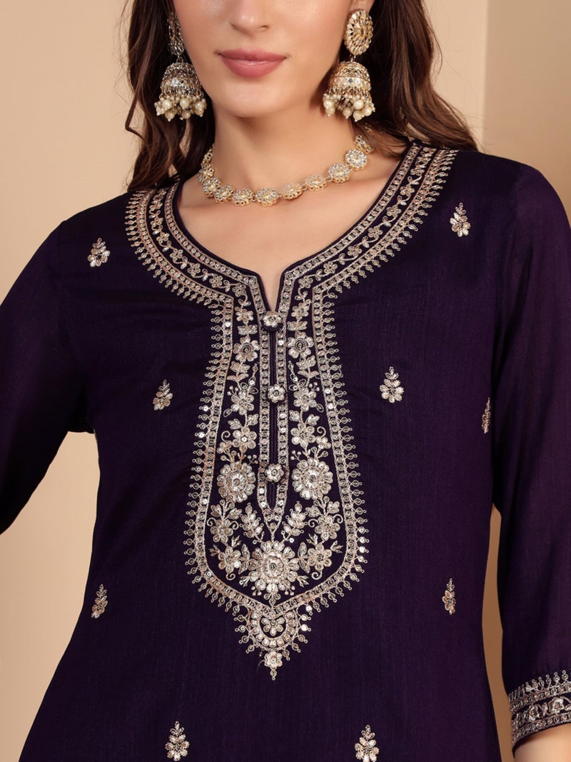 SHOPPING QUEEN Women's Vichitra Silk Embroidered Kurta Set with Dupatta (A662_Dark Purple_M) - Image 4