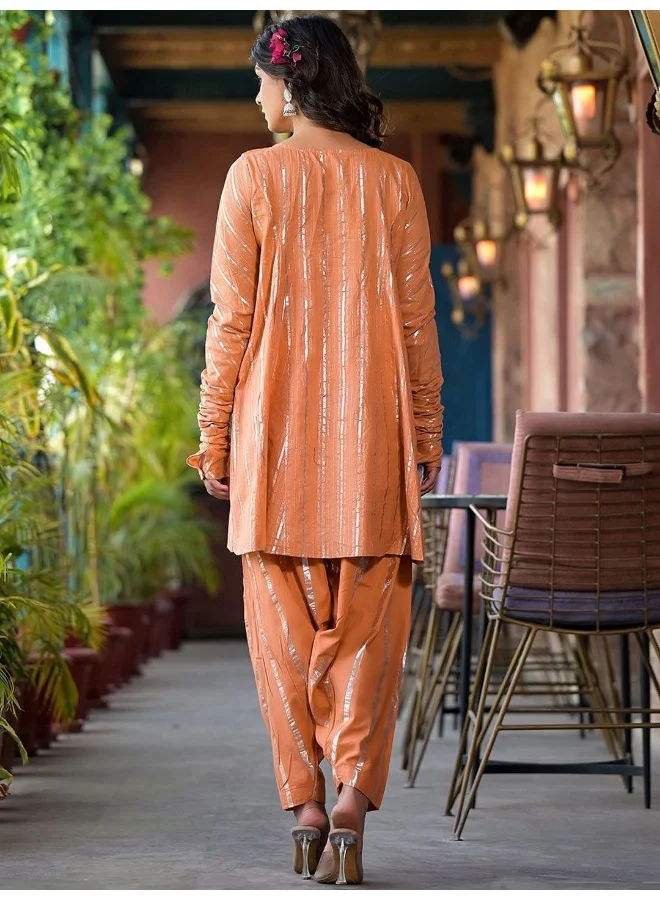 AKS  AKS Couture Striped Keyhole Neck Panelled Pure Cotton Zari A-Line Kurti With Patiala for Women | Best Price UAE