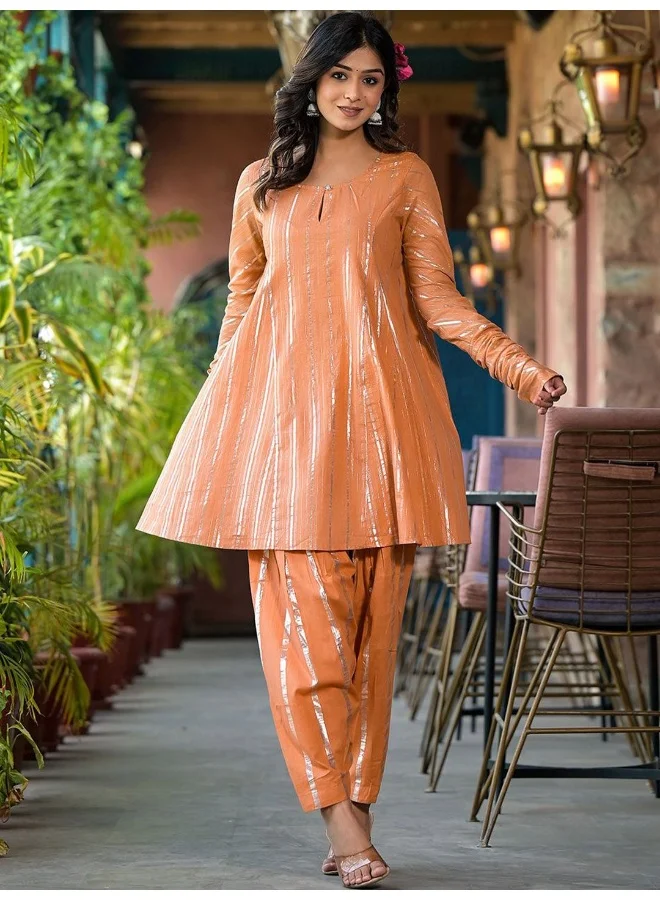 أيه كيه إس AKS Couture Striped Keyhole Neck Panelled Pure Cotton Zari A-Line Kurti With Patiala
