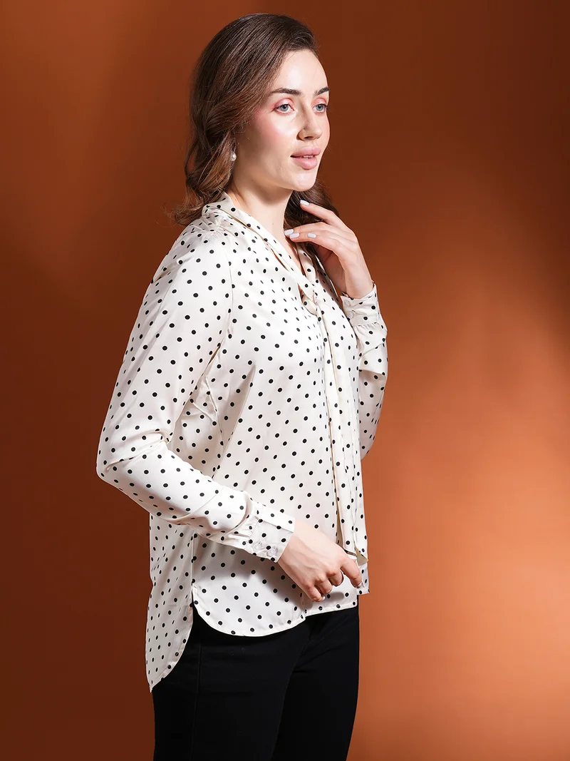 globus Women Polka Dot Print Mandarin Collar Satin Shirt Style Top